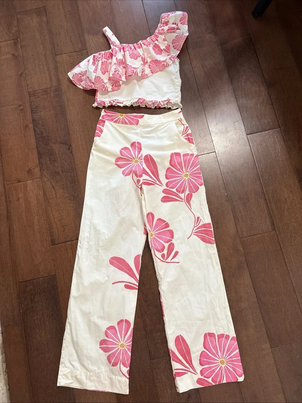 Zara Kids Girls Pink Floral Ruffle Top and Pants Set Size 11-12 Years